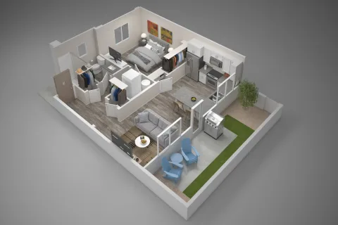 This beautiful 1-bedroom floorplan is functional and high quality in layout. The foyer opens to a hallway exposing the living room with a window to the backyard, and directly to the left is a hall with the laundry closet as well as bathroom. The primary bedroom can comfortably fit a queen mattress two end tables and a long dresser. Behind the living room is the kitchen with a pantry, and island that can seat 3-4 people with standing room as well. the kitchen is spacious and has a window in front of the sink viewing the backyard. the back door opens to a patio with pavers, turf, and gravel with a tree.